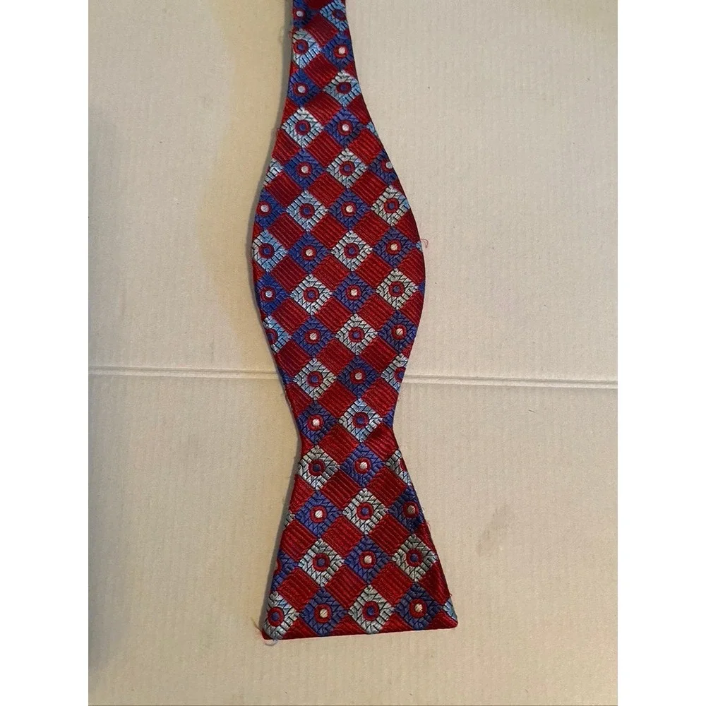 Rooster Mens Silk Bow Tie Red Blue Geometric Diamond Pattern Self Tie Adjustable